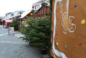 Ansicht Weihnachtsmarkt: Buden und Tannen.